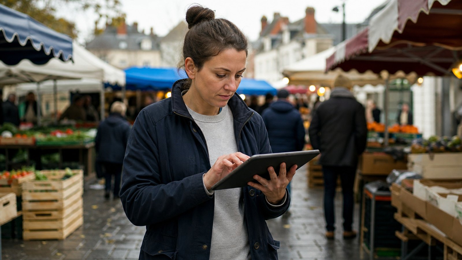 Un placier utilise une tablette pour gérer le marché