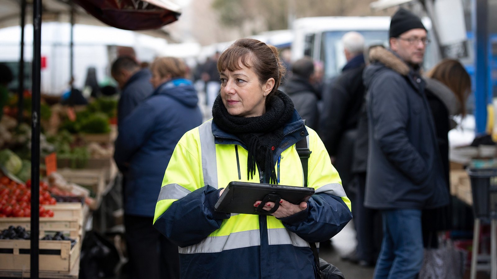 Un placier fait sa tournée entre les étals d'un marché