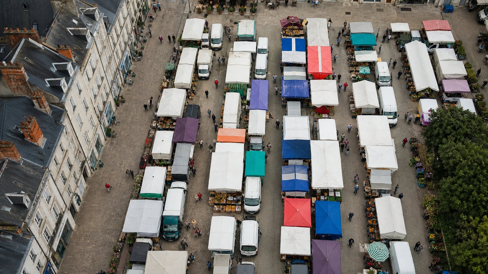 Allée large d'un marché forain bordée d'étals, clients circulant entre les emplacements