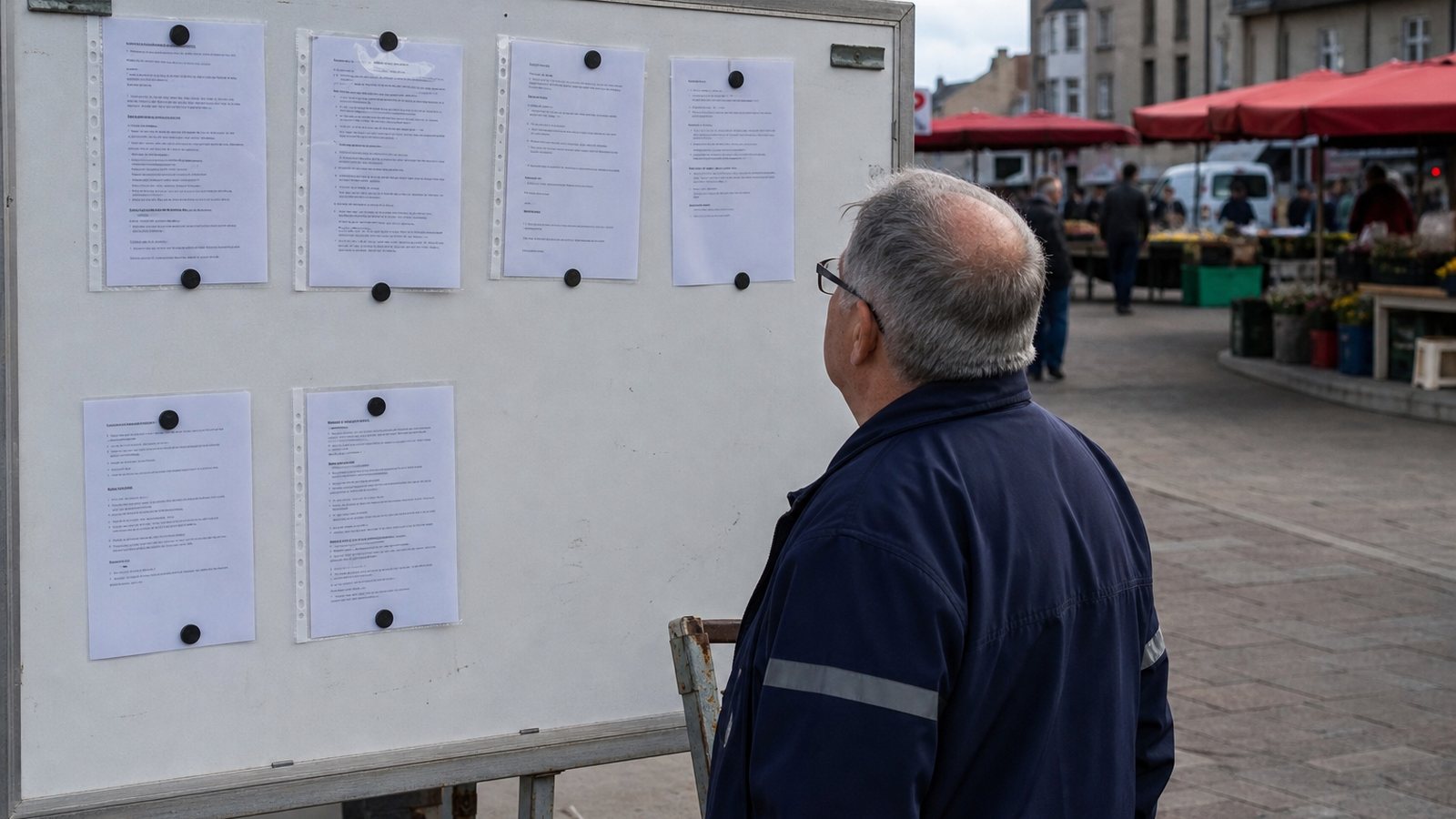 Panneau du règlement du marché affiché à l'entrée de la place un jour de marché