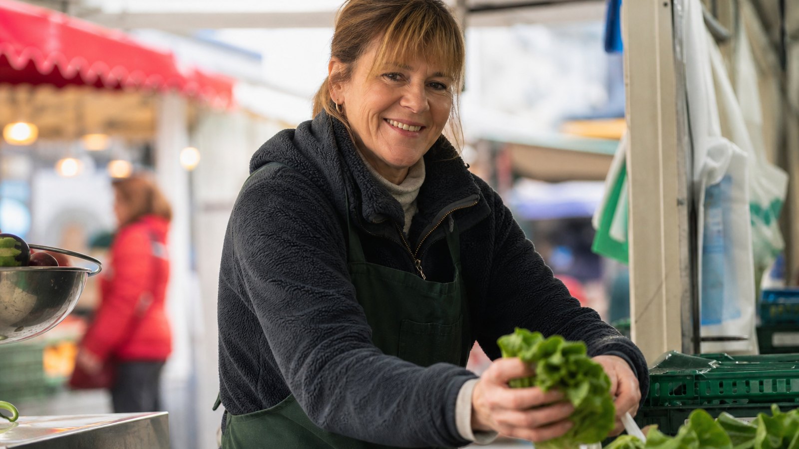 Un commerçant non sédentaire sur son étal de marché
